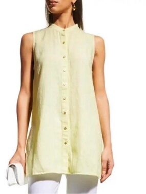 Eileen Fisher Light Yellow 100% Linen Button-Front Blouse